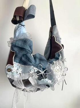 小众设计蕾丝蝴蝶结拼接饺子包百搭通勤单肩斜挎包大容量托特包女