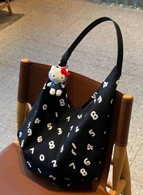 大容量休闲简约百搭手提腋下托特包韩版慵懒风数字通勤帆布六角包