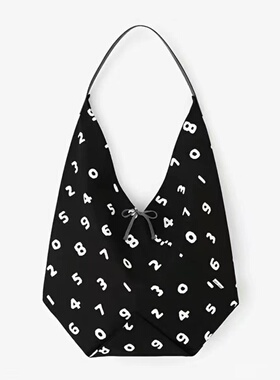 日系简约数字印花帆布包大容量单肩包慵懒风时尚百搭皮肩带六角包