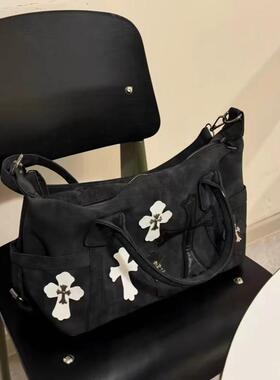 2025新款黑白拼接手提旅行袋十字架大容量单肩斜挎包简约通勤大包