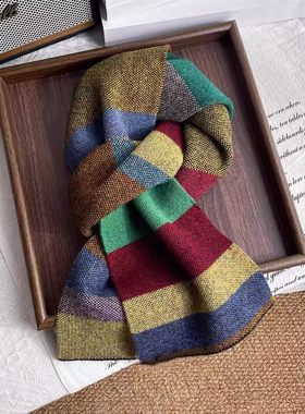 高端什么都能搭纯羊毛针织围巾2025新款秋冬季条纹多巴胺撞色披肩