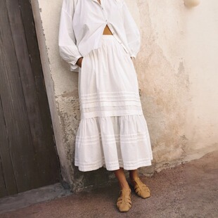 松紧高腰显瘦中长款 夏季 自然蓬感文艺度假裙 轻棉层叠半身裙 法式