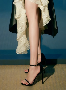 sw高跟鞋女细跟12cm网红性感百搭模特走秀一字扣带真皮床上凉鞋夏