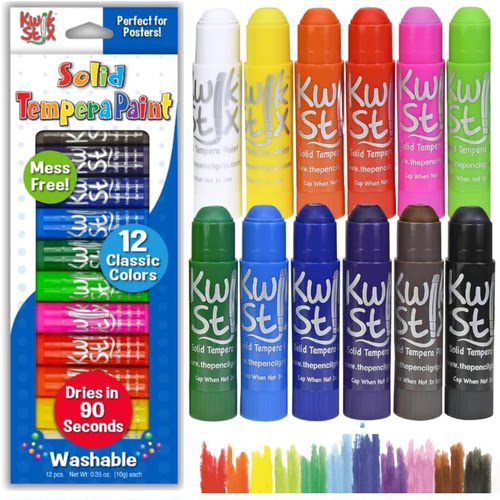 Kwik Stix Solid Tempera Paint Sticks, 12 Colors, Washable
