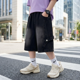 男童夏季软牛仔阔腿五分裤六分黑色短裤中大童百搭潮儿童男款马裤