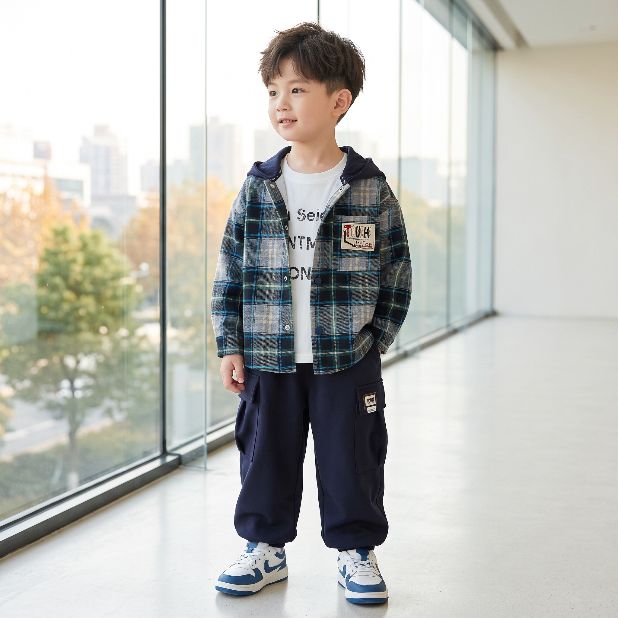 男童早秋男宝秋季格纹连帽外套工装裤两件套打底衫学院风帅气潮搭