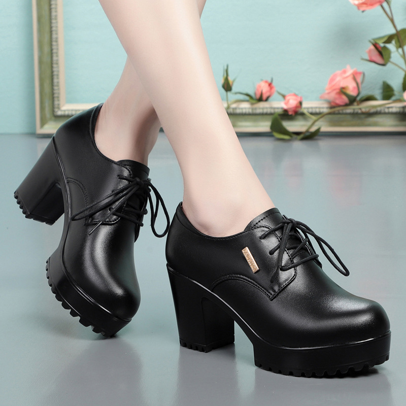 春季单鞋女粗跟高跟系带布洛克