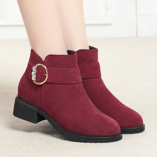 磨砂皮靴子粗跟短靴女款冬季加绒女鞋子女士真皮棉鞋妈妈羊毛棉靴