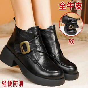 女士真皮靴子短靴女款秋冬高帮鞋女鞋厚底乐福鞋中跟单鞋棕色皮鞋