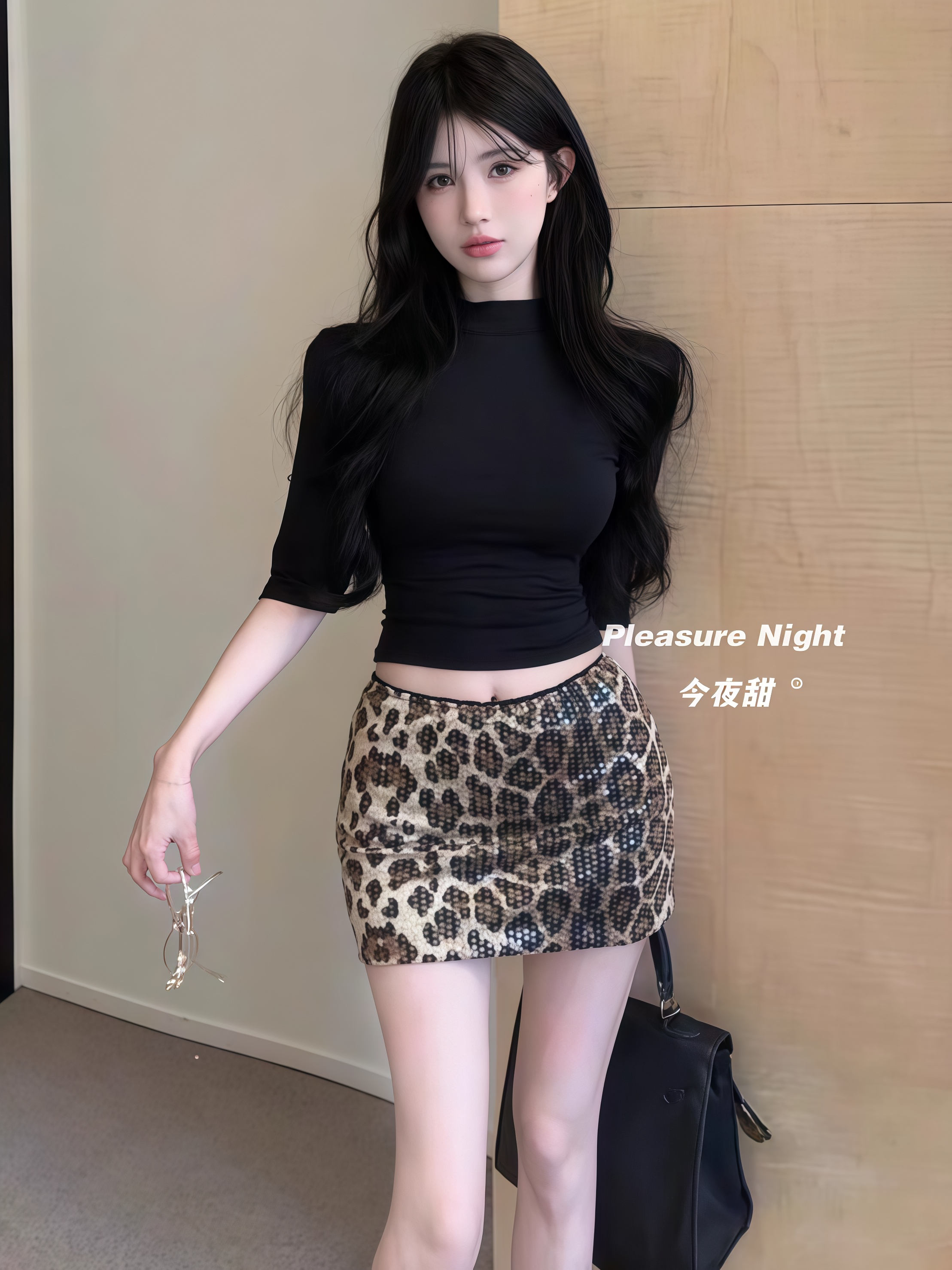 热辣禁区*辣妹半高领修身T恤亮片豹纹包臀裙秘书制服套装女两件套