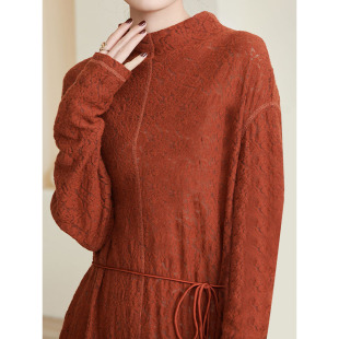 秋冬季新款橘红色羊毛连衣裙长款冬裙小众轻奢A字裙时髦大码裙子