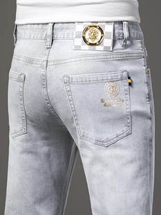 直筒韩版 秋季 男修身 浅灰色牛仔裤 潮流弹力百搭高端烫金欧洲站 新款