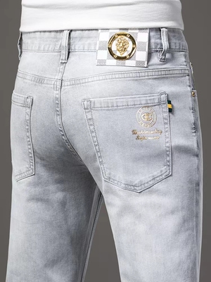 秋季新款浅灰色牛仔裤男修身直筒韩版潮流弹力百搭高端烫金欧洲站