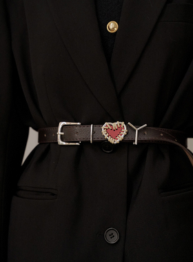 小众红色爱心皮带女金属真皮腰带字母扣ins彩色拼接皮带配饰男