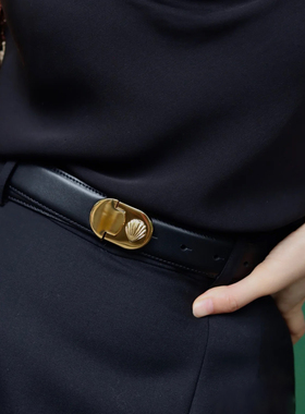 大酒窝明明Miroment 金色贝壳扣黑色头层牛皮宽腰带真皮皮带百搭