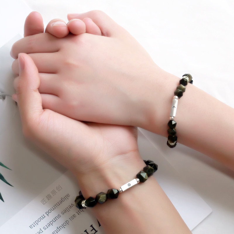 天然金黑曜石日月地心水晶手链