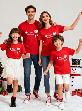 Christmas圣诞节大红色纯棉短袖亲子款外贸货源圆领t恤衫上衣