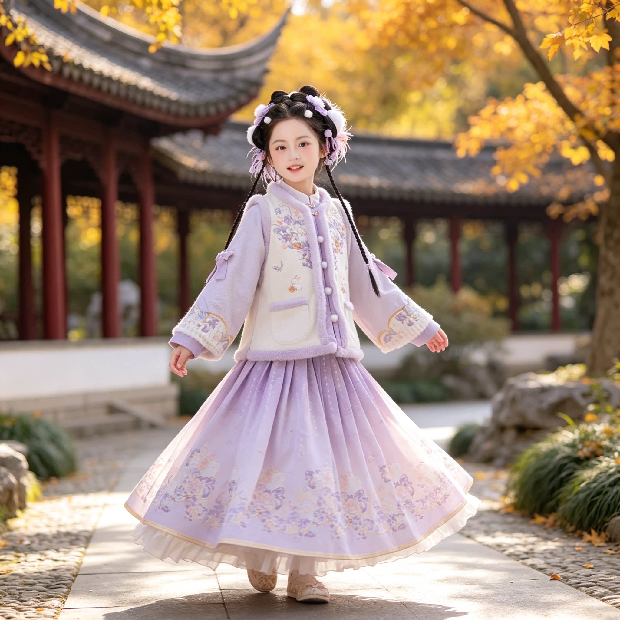 女童汉服刺绣花卉加绒加厚套装
