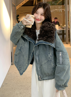 派克服百搭羊羔毛领牛仔羽绒服外套女1628p265-k355