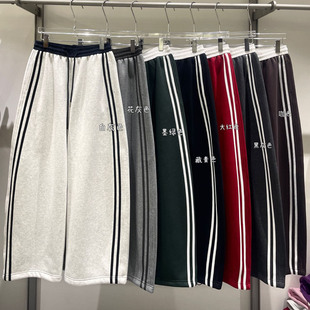 欧洲站加绒休闲弯刀裤女2025年冬季高腰宽松三条杠拼色运动风卫裤