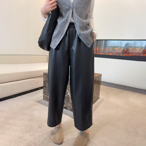 秋季新款高腰哈伦皮裤九分裤女潮