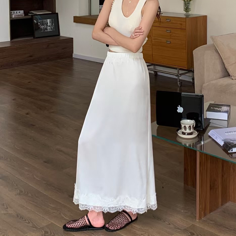 欧洲站醋酸半身裙女2025夏中长款高腰拼接蕾丝气质垂坠感气质裙子