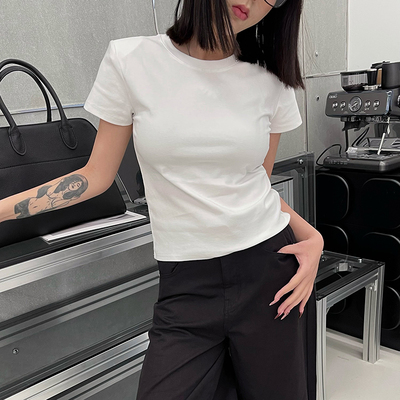 欧洲站短袖T恤女2025年夏季新品修身显瘦垫肩百搭圆领纯棉上衣ins