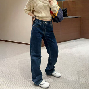 欧洲站复古抓毛牛仔直筒裤女2026年秋冬新款修身显瘦铅笔长裤女潮