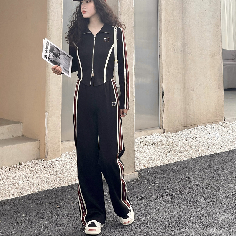 欧洲站休闲套装女2023年秋季新品修身显瘦长袖开衫阔腿裤两件套潮