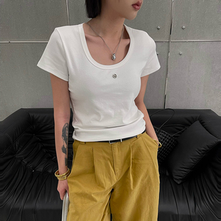显瘦百搭短款 欧洲站短袖 U领纯色简约修身 T恤女2025年夏季 上衣 新品