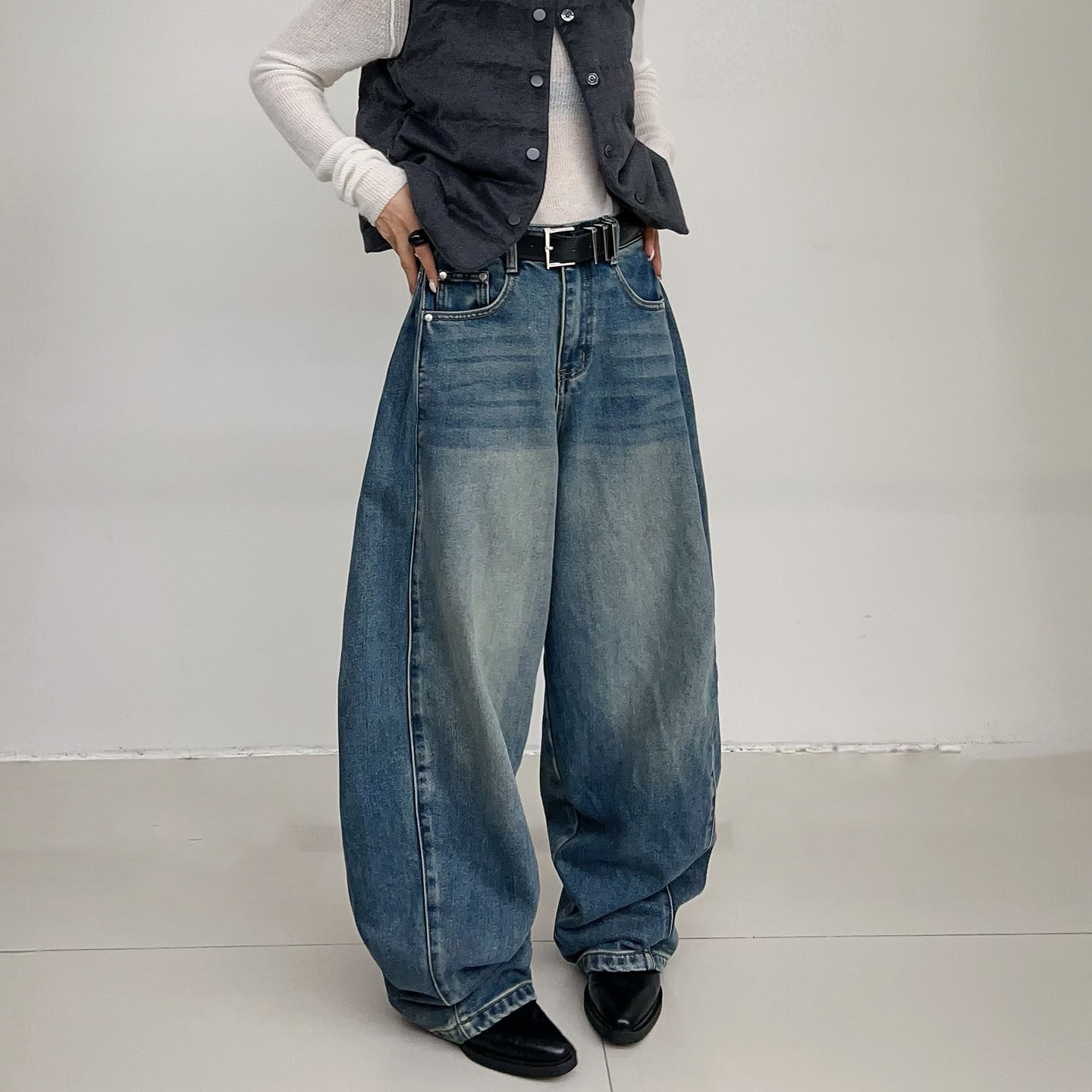 欧洲站植绒牛仔裤高腰显瘦