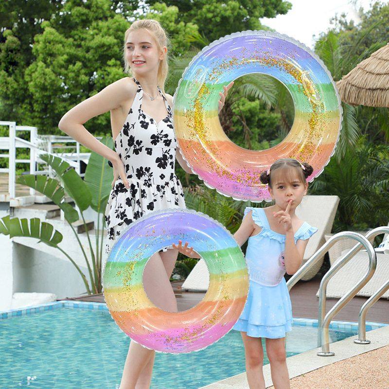 夏季泳池户外玩水初学者卡通PVC充气浮圈带把加厚成年人女游泳圈