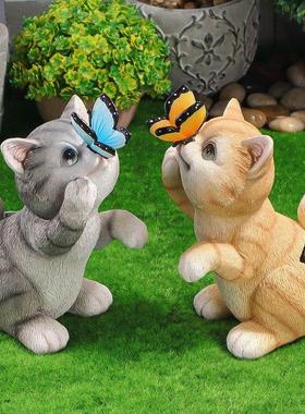 跨境户外花园庭院装饰用品摆件太阳能小猫咪蝴蝶兔子树脂工艺品