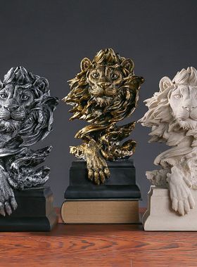 美式复古动物仿铜狮子头像树脂工艺品摆件玄关办公室酒柜软装装饰