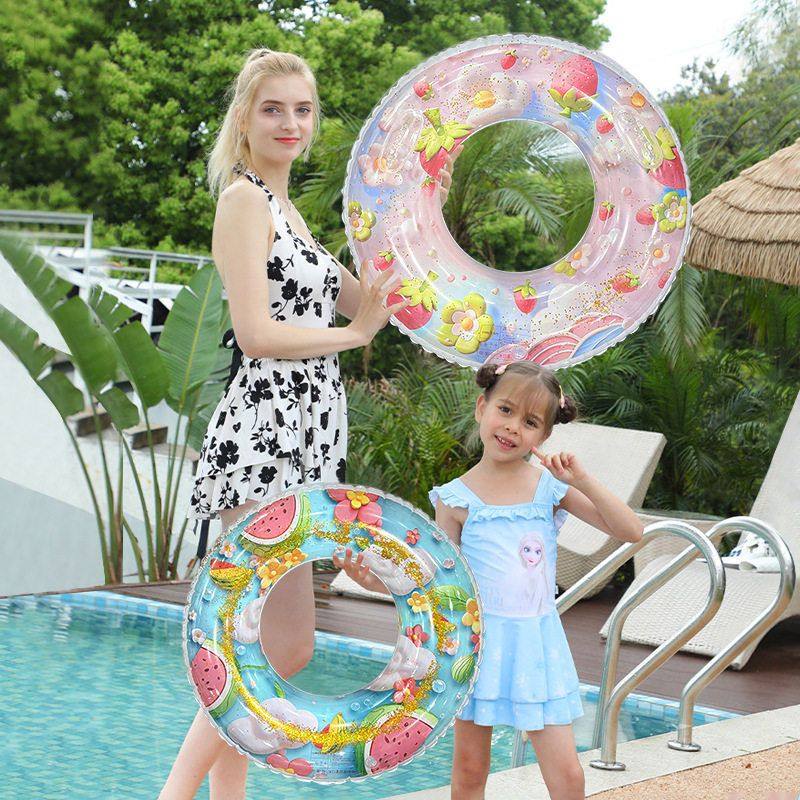 夏季户外泳池新品卡通PVC充气浮圈环保加厚亮片西瓜大人女游泳圈