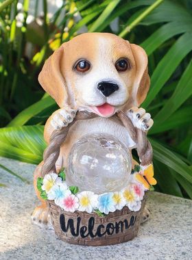 户外庭院小狗太阳能动物摆件欢迎牌雕像夜灯花园树脂工艺品装饰