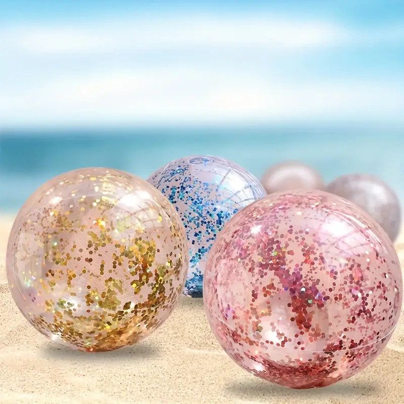 跨境现货16/24寸PVC充气透明亮片沙滩球儿童户外水上运动玩具