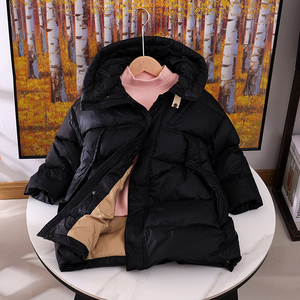 韩版中长款女童羽绒服冬装加厚连帽外套儿童洋气保暖棉服纯色大童