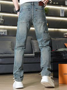 2025四季新款欧货高端水洗蓝色时尚潮流休闲直筒斜插兜牛仔裤男士