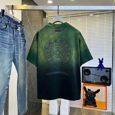 高街欧式T恤男女时尚潮牌梵文马蹄印渐变洗水扎染圆钉做旧短袖T恤