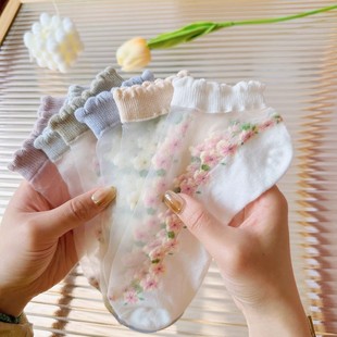 薄款 水晶袜夏季 袜子女玻璃丝可爱日系花边短袜网红潮ins船袜棉底