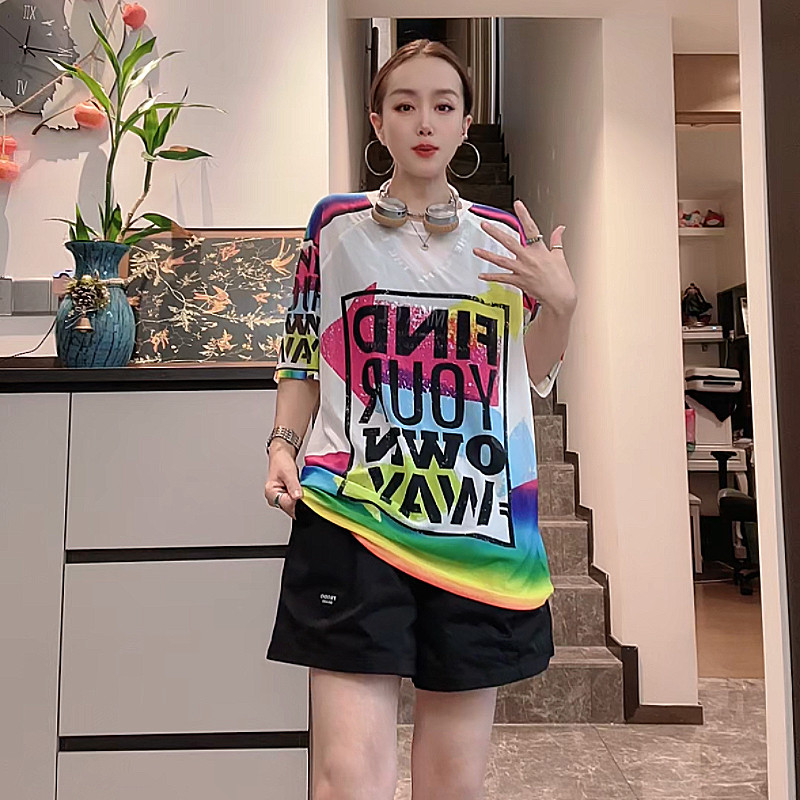 欧货拼接T恤网纱短袖衫女潮牌字母印花设计感宽松中长款套头上衣t