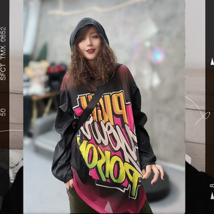 潮牌中長款 歐貨網紗連帽長袖 T恤衫 女2025春新款 上衣t 彈力印花帽衫
