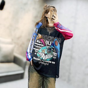 插肩袖 欧货潮牌网纱大版 女2025年新款 T恤衫 卡通字母洋气上衣t 罩衫