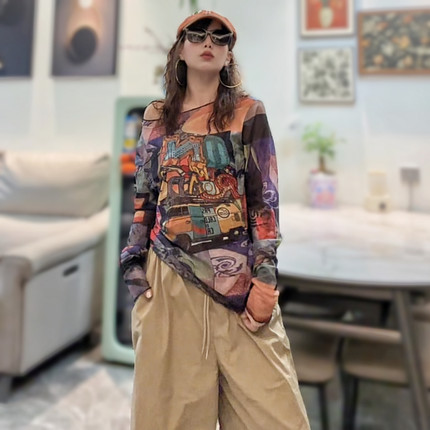 美式辣妹风网纱大版T恤衫防晒罩衫女2025新款薄款一字领洋气上衣t