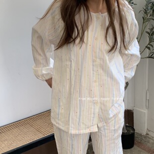 帷幕彩条纹纱布纯棉睡衣 秋冬薄款长袖家居服柔软舒适ins开衫套装