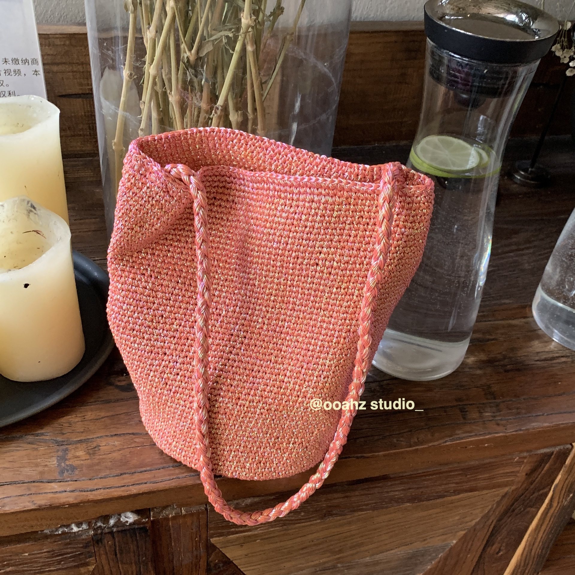 鎏金橘粉~金属线！小众手工编织银色手提包 韩国单肩包百搭水桶包