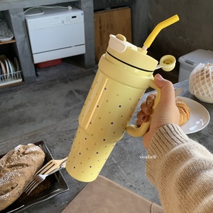 奶黄波点吨吨～秋冬喝水超大保温杯巨无霸咖啡杯办公双饮保冷杯子