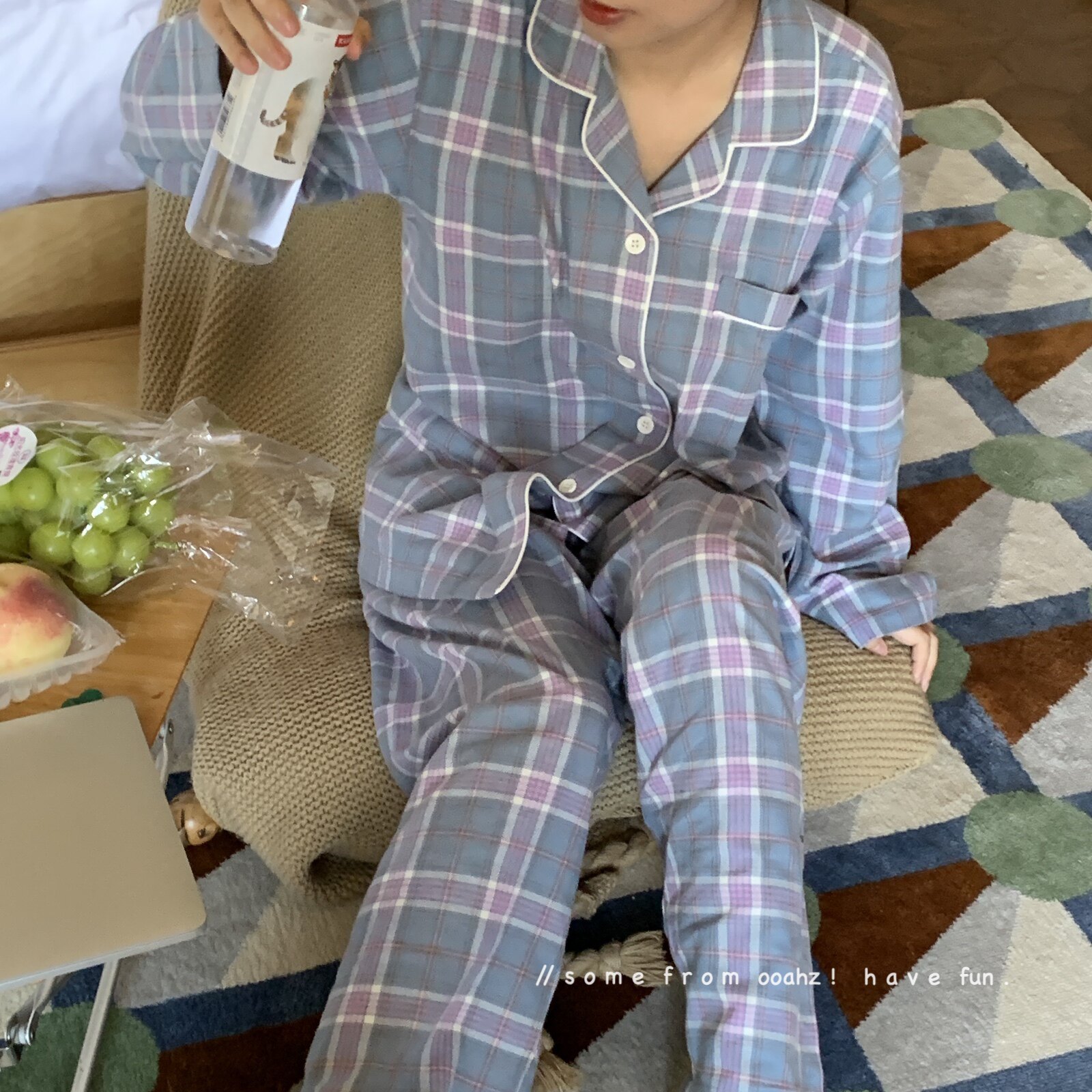 100棉无侧缝情侣家居服格子睡衣