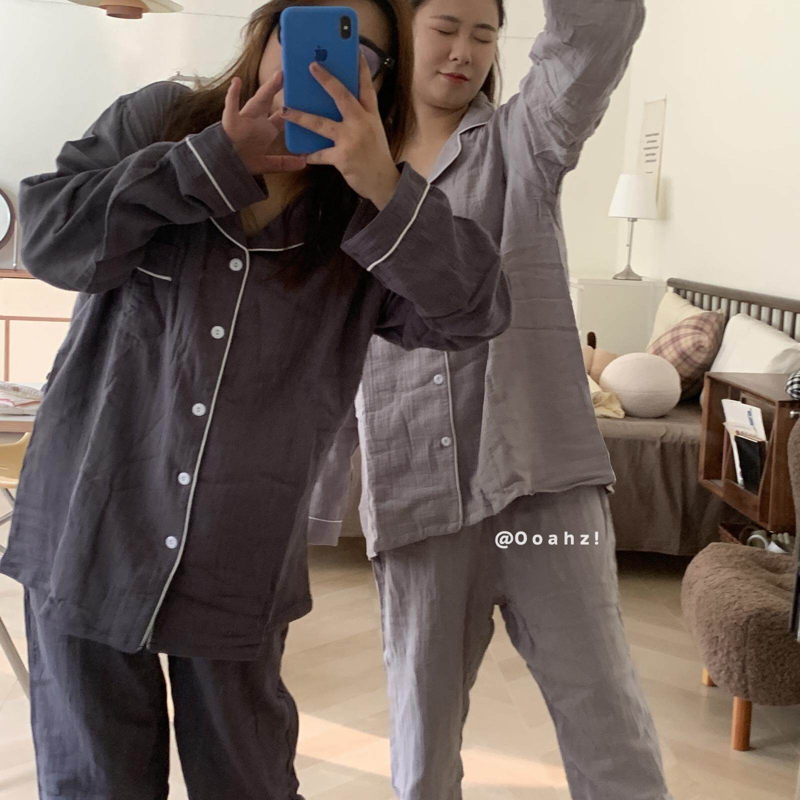 浓人wu扰~绉布家居服男女棉质双层纱布睡衣 爸爸套装大码长袖长裤